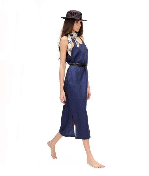 Cleo Linen Dress in Navy Blue